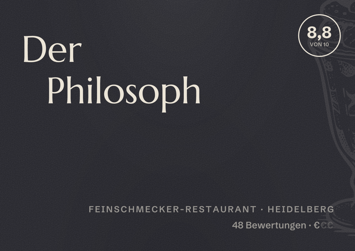 Illustriertes Poster von Der Philosoph, Feinschmecker-Restaurant in Heidelberg: Bewertung 8,8 von 10 aus 48 Bewertungen, Preisniveau €