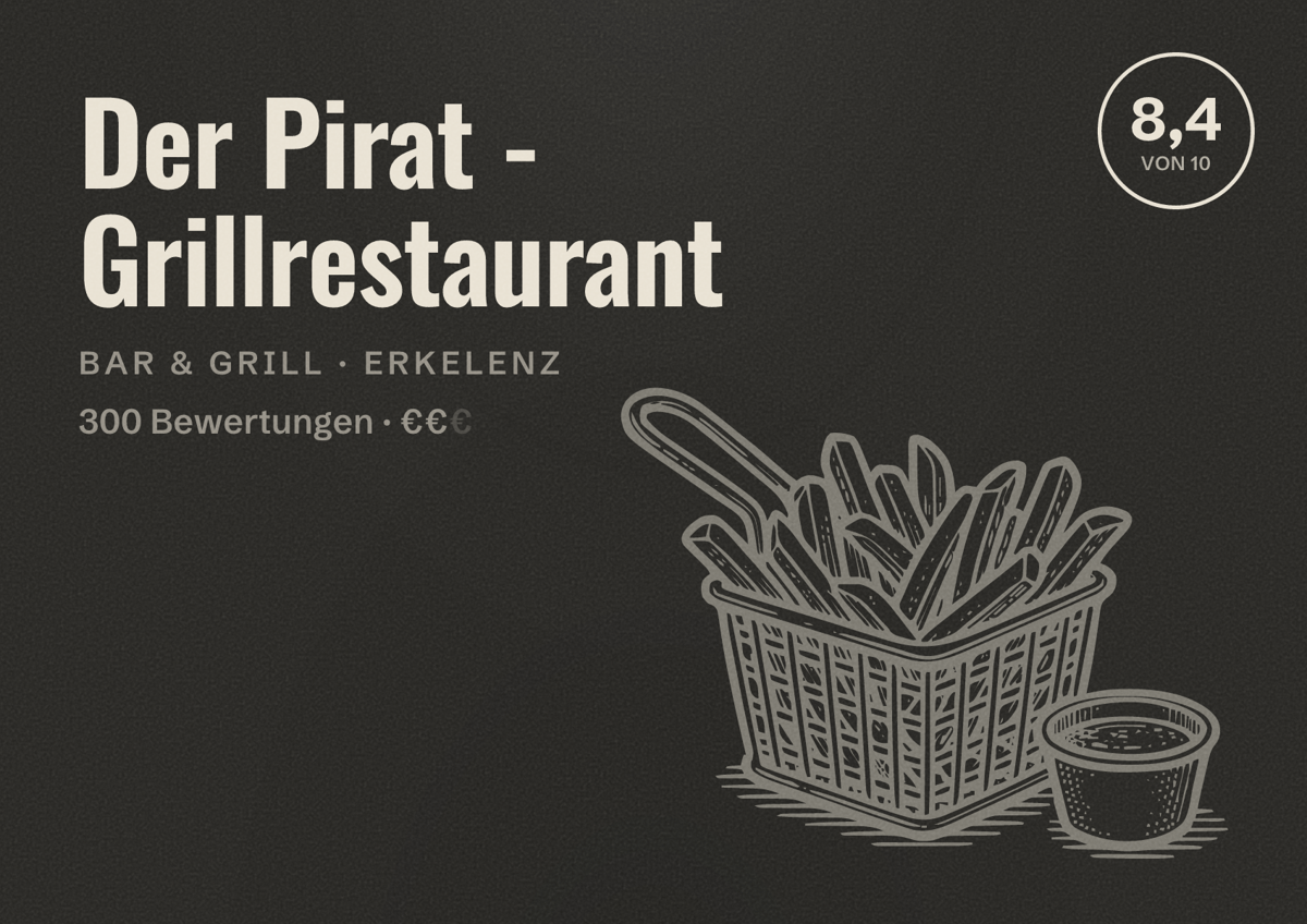 Illustriertes Poster von Der Pirat - Grillrestaurant, Bar & Grill in Erkelenz: Bewertung 8,4 von 10 aus 300 Bewertungen, Preisniveau €€