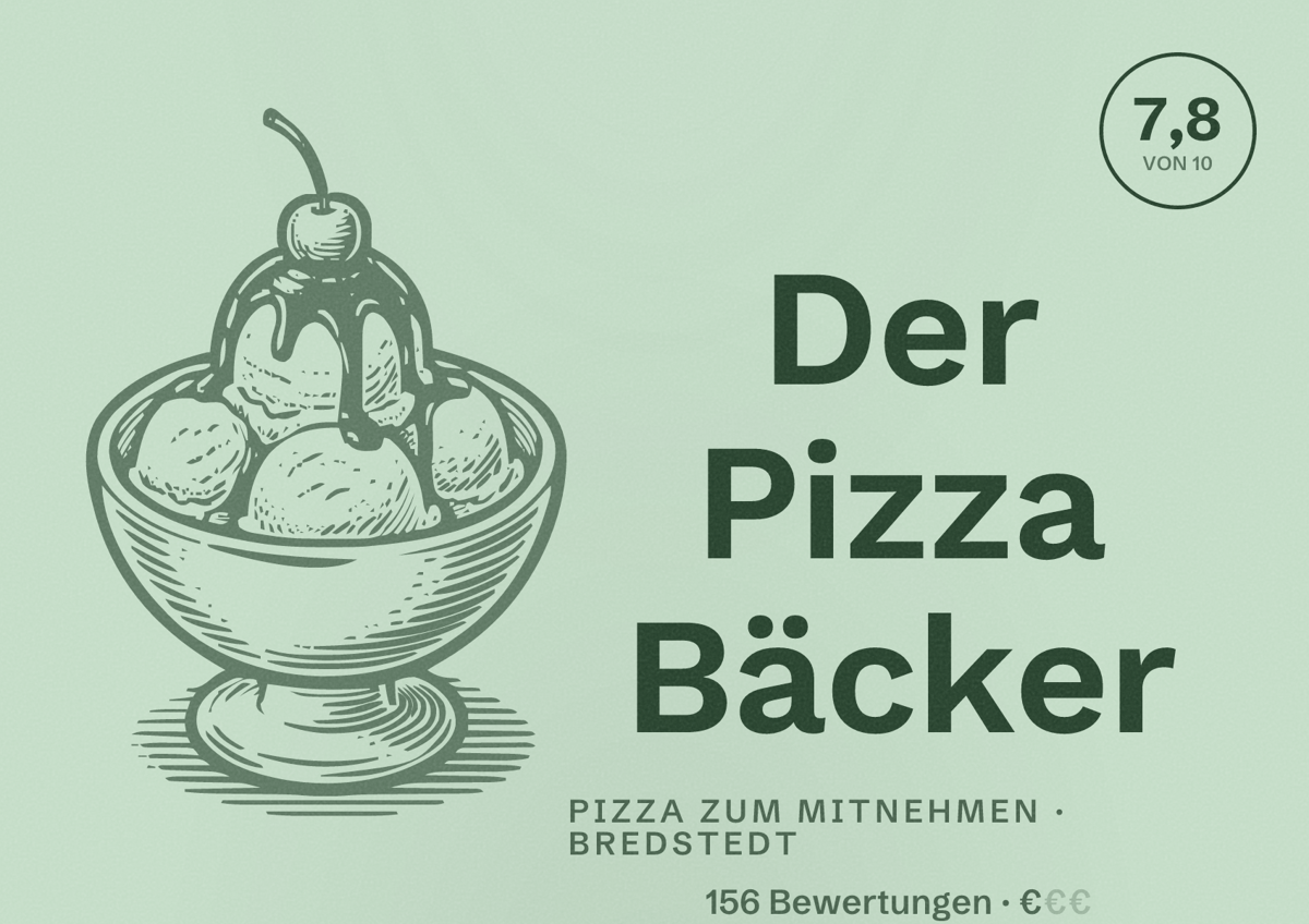 Illustriertes Poster von Der Pizza Bäcker, Pizza zum Mitnehmen in Bredstedt: Bewertung 7,8 von 10 aus 156 Bewertungen, Preisniveau €