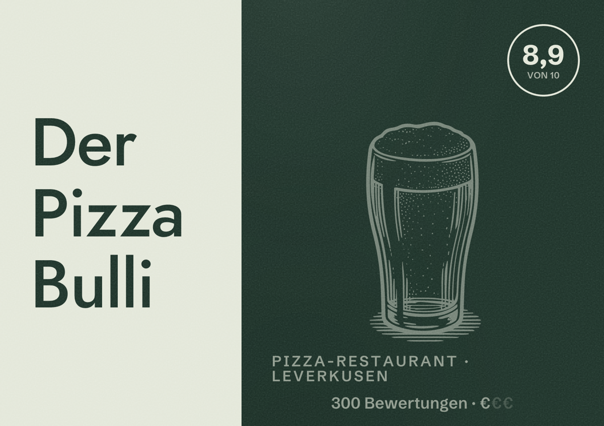 Illustriertes Poster von Der Pizza Bulli, Pizza-Restaurant in Leverkusen: Bewertung 8,9 von 10 aus 300 Bewertungen, Preisniveau €