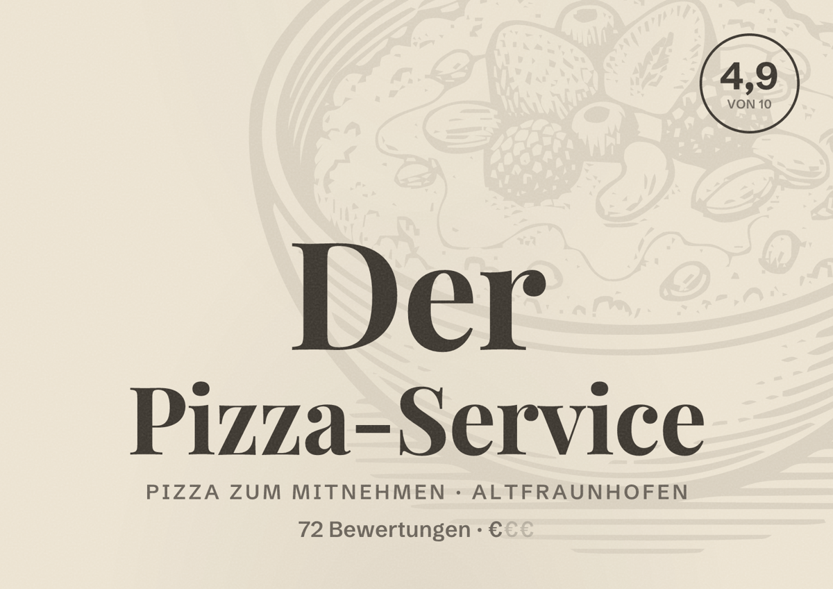 Illustriertes Poster von Der Pizza-Service, Pizza zum Mitnehmen in Altfraunhofen: Bewertung 4,9 von 10 aus 72 Bewertungen, Preisniveau €