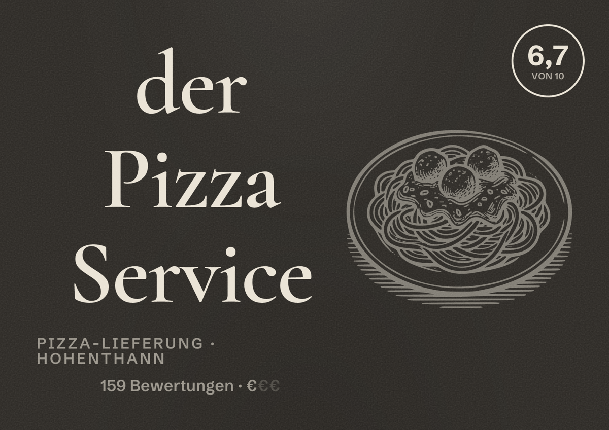 Illustriertes Poster von der Pizza Service, Pizza-Lieferung in Hohenthann: Bewertung 6,7 von 10 aus 159 Bewertungen, Preisniveau €