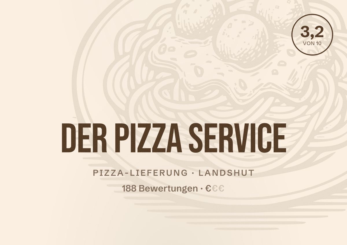 Illustriertes Poster von Der Pizza Service, Pizza-Lieferung in Landshut: Bewertung 3,2 von 10 aus 188 Bewertungen, Preisniveau €