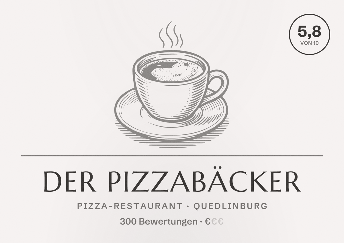 Illustriertes Poster von Der Pizzabäcker, Pizza-Restaurant in Quedlinburg: Bewertung 5,8 von 10 aus 300 Bewertungen, Preisniveau €