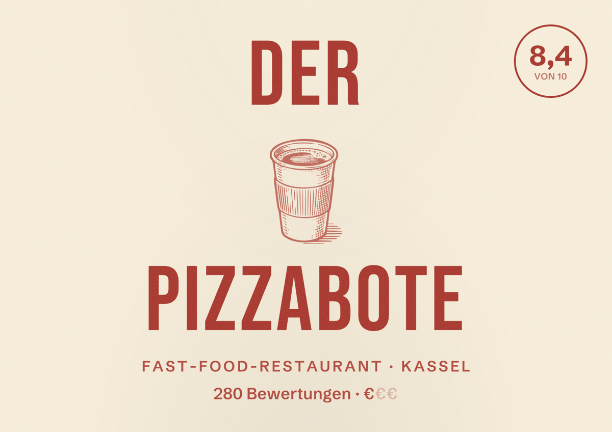 Illustriertes Poster von Der Pizzabote, Fast-Food-Restaurant in Kassel: Bewertung 8,4 von 10 aus 280 Bewertungen, Preisniveau €