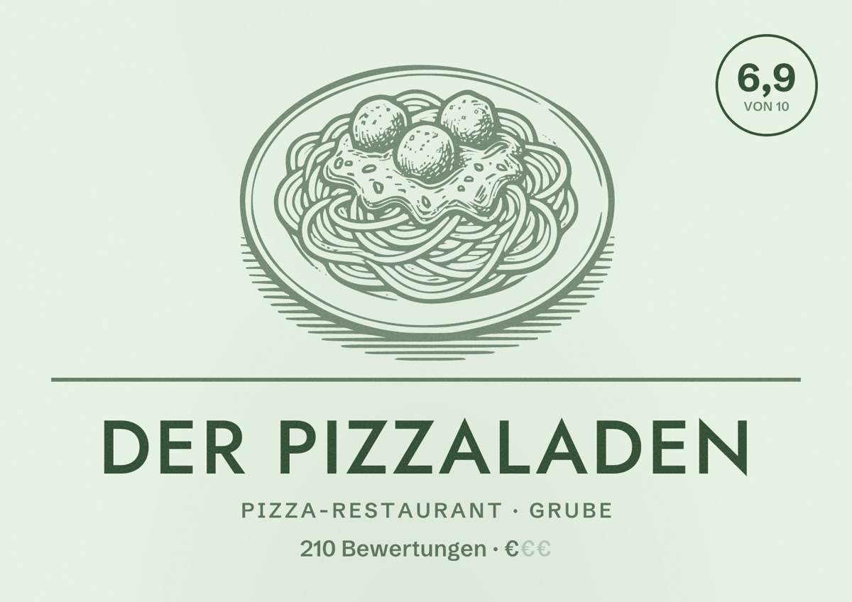 Illustriertes Poster von der Pizzaladen, Pizza-Restaurant in Grube: Bewertung 6,9 von 10 aus 210 Bewertungen, Preisniveau €