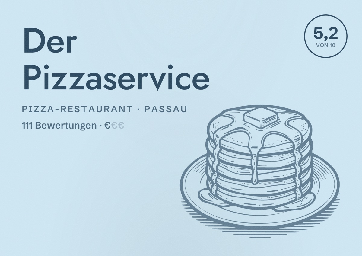 Illustriertes Poster von Der Pizzaservice, Pizza-Restaurant in Passau: Bewertung 5,2 von 10 aus 111 Bewertungen, Preisniveau €
