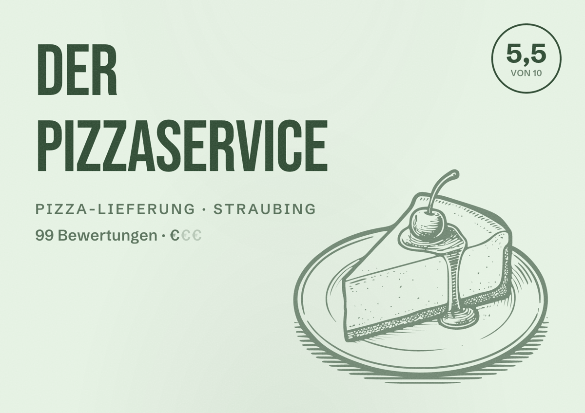 Illustriertes Poster von Der Pizzaservice, Pizza-Lieferung in Straubing: Bewertung 5,5 von 10 aus 99 Bewertungen, Preisniveau €