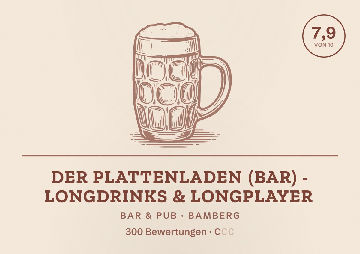 Illustriertes Poster von Der Plattenladen (Bar) - Longdrinks & Longplayer, Bar & Pub in Bamberg: Bewertung 7,9 von 10 aus 300 Bewertungen, Preisniveau €