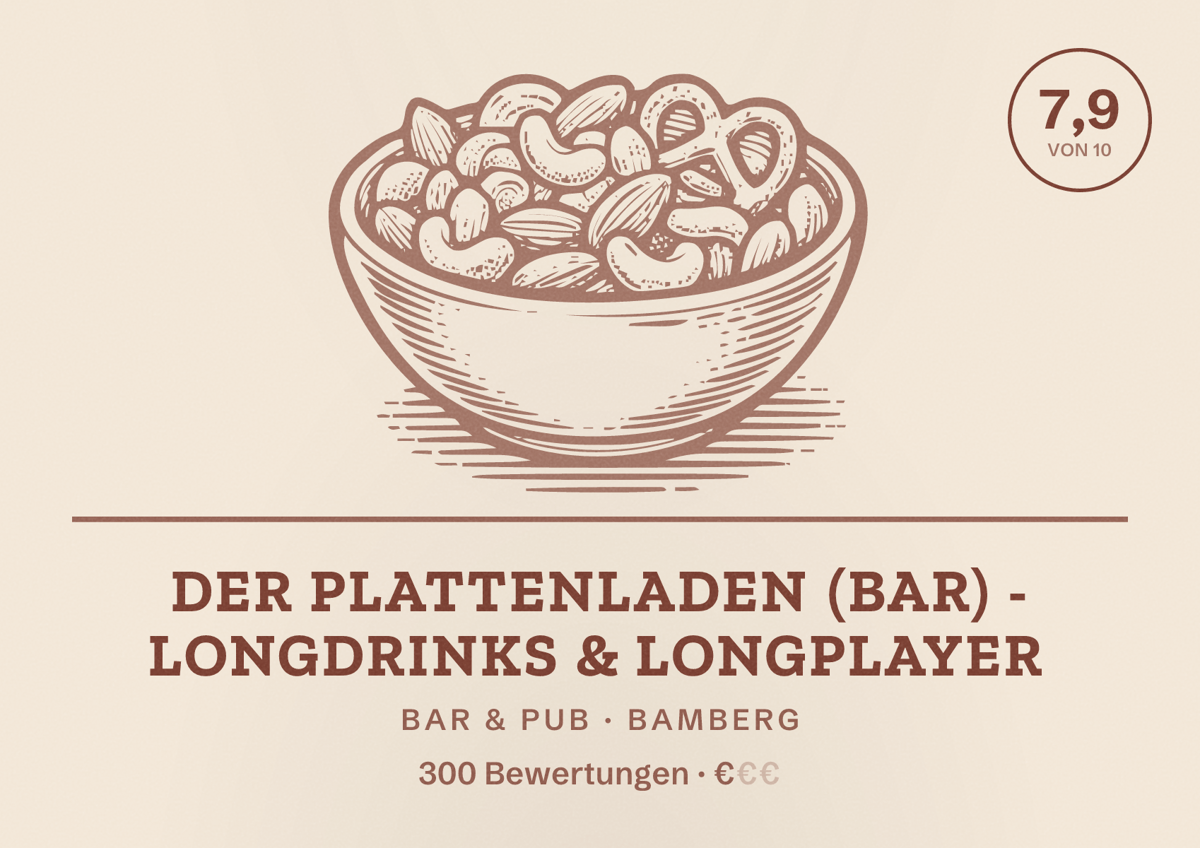 Illustriertes Poster von Der Plattenladen (Bar) - Longdrinks & Longplayer, Bar & Pub in Bamberg: Bewertung 7,9 von 10 aus 300 Bewertungen, Preisniveau €