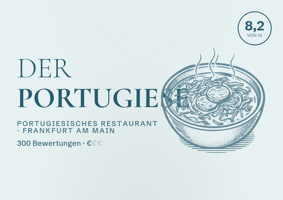 Illustriertes Poster von DER PORTUGIESE, Portugiesisches Restaurant in Frankfurt am Main: Bewertung 8,2 von 10 aus 300 Bewertungen, Preisniveau €