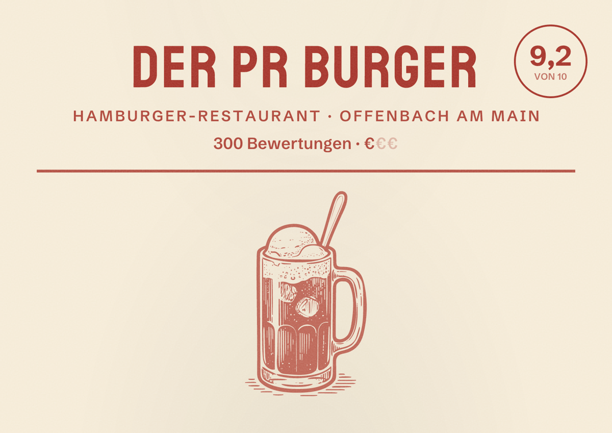Illustriertes Poster von DER PR BURGER, Hamburger-Restaurant in Offenbach am Main: Bewertung 9,2 von 10 aus 300 Bewertungen, Preisniveau €