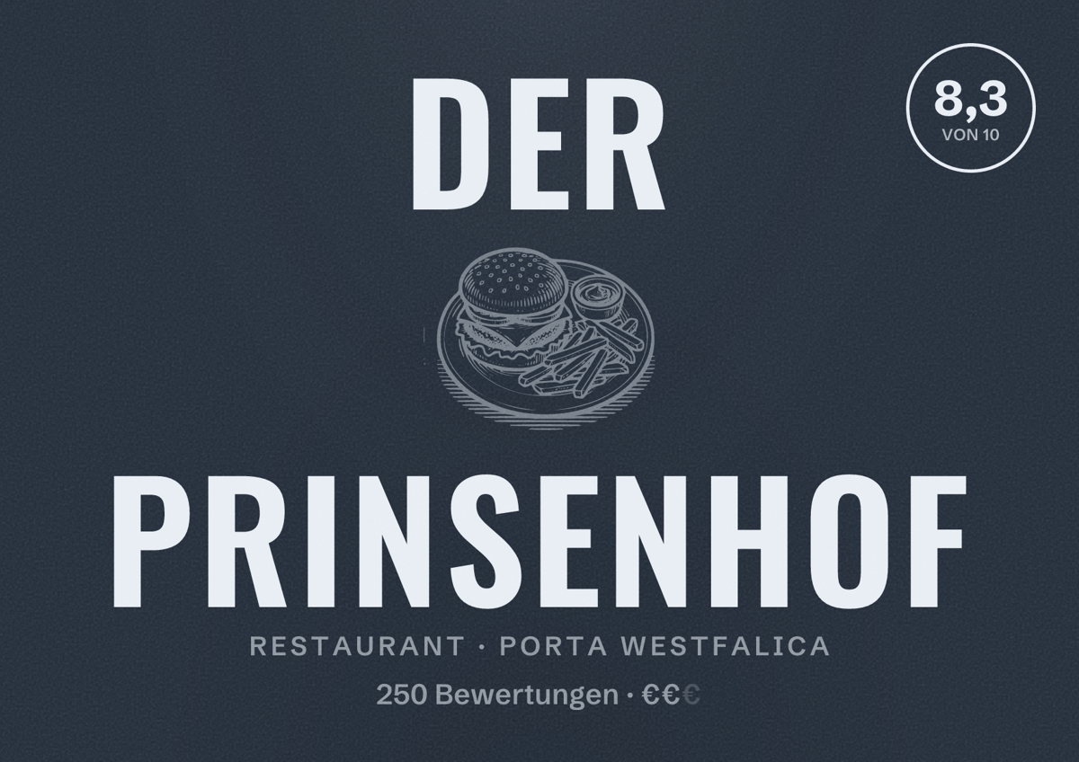 Illustriertes Poster von Der Prinsenhof, Restaurant in Porta Westfalica: Bewertung 8,3 von 10 aus 250 Bewertungen, Preisniveau €€