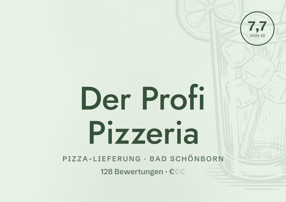 Illustriertes Poster von Der Profi Pizzeria, Pizza-Lieferung in Bad Schönborn: Bewertung 7,7 von 10 aus 128 Bewertungen, Preisniveau €