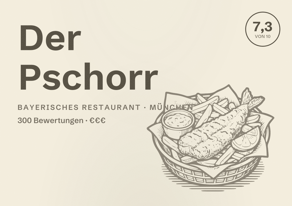 Illustriertes Poster von Der Pschorr, Bayerisches Restaurant in München: Bewertung 7,3 von 10 aus 300 Bewertungen, Preisniveau €€€