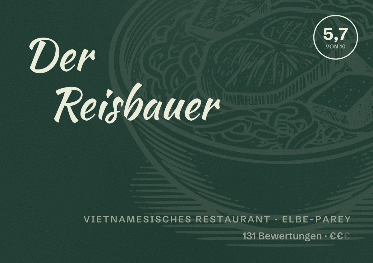 Illustriertes Poster von Der Reisbauer, Vietnamesisches Restaurant in Elbe-Parey: Bewertung 5,7 von 10 aus 131 Bewertungen, Preisniveau €€