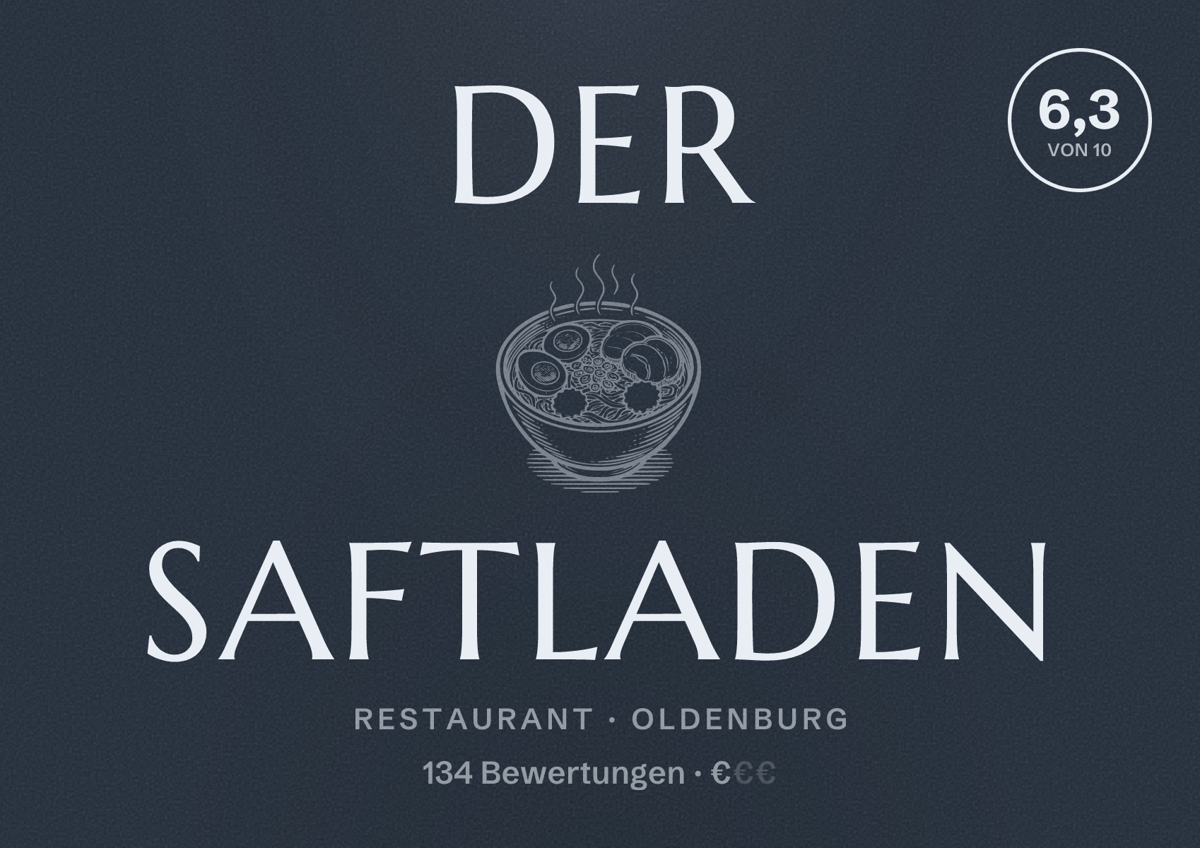 Illustriertes Poster von der Saftladen, Restaurant in Oldenburg: Bewertung 6,3 von 10 aus 134 Bewertungen, Preisniveau €