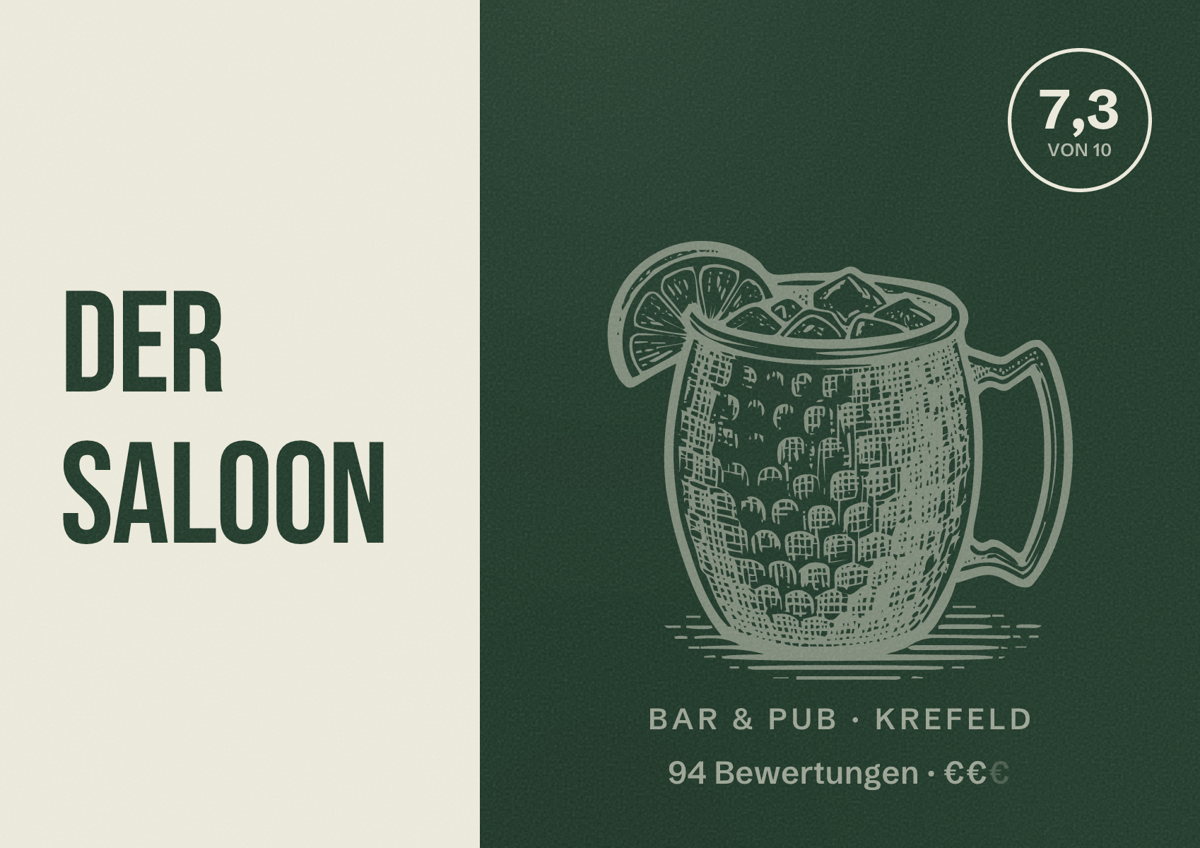 Illustriertes Poster von Der Saloon, Bar & Pub in Krefeld: Bewertung 7,3 von 10 aus 94 Bewertungen, Preisniveau €€