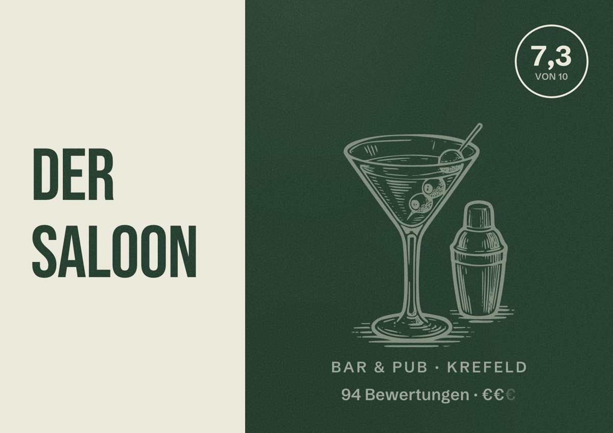 Illustriertes Poster von Der Saloon, Bar & Pub in Krefeld: Bewertung 7,3 von 10 aus 94 Bewertungen, Preisniveau €€