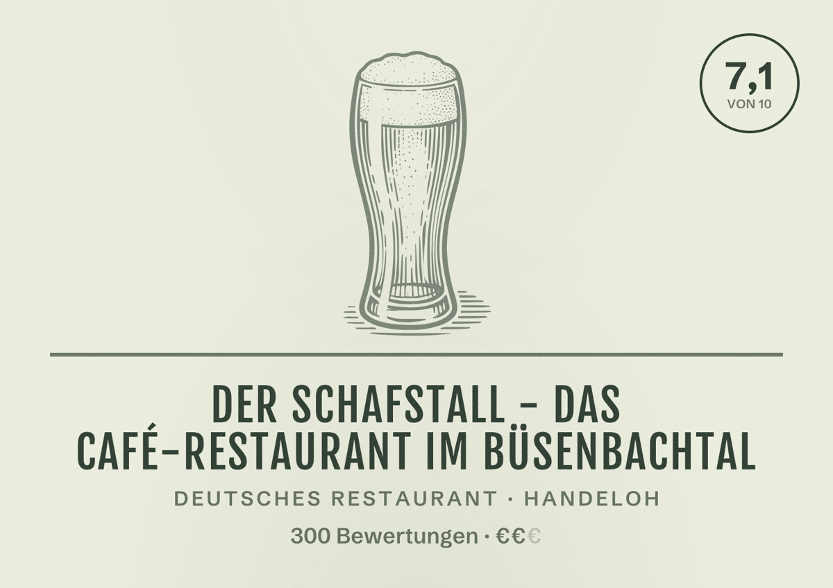 Illustriertes Poster von Der Schafstall - Das Café-Restaurant im Büsenbachtal, Deutsches Restaurant in Handeloh: Bewertung 7,1 von 10 aus 300 Bewertungen, Preisniveau €€