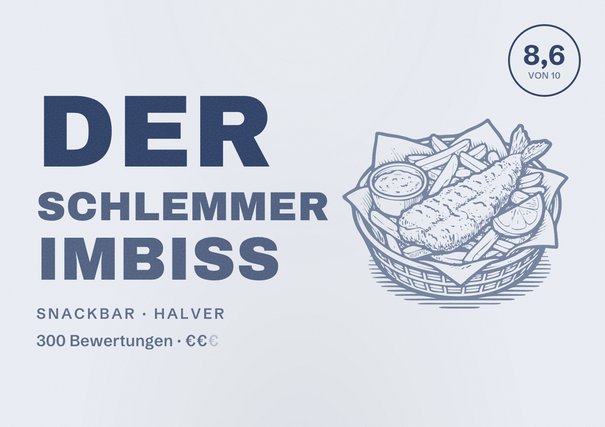 Illustriertes Poster von Der Schlemmer Imbiss, Snackbar in Halver: Bewertung 8,6 von 10 aus 300 Bewertungen, Preisniveau €€