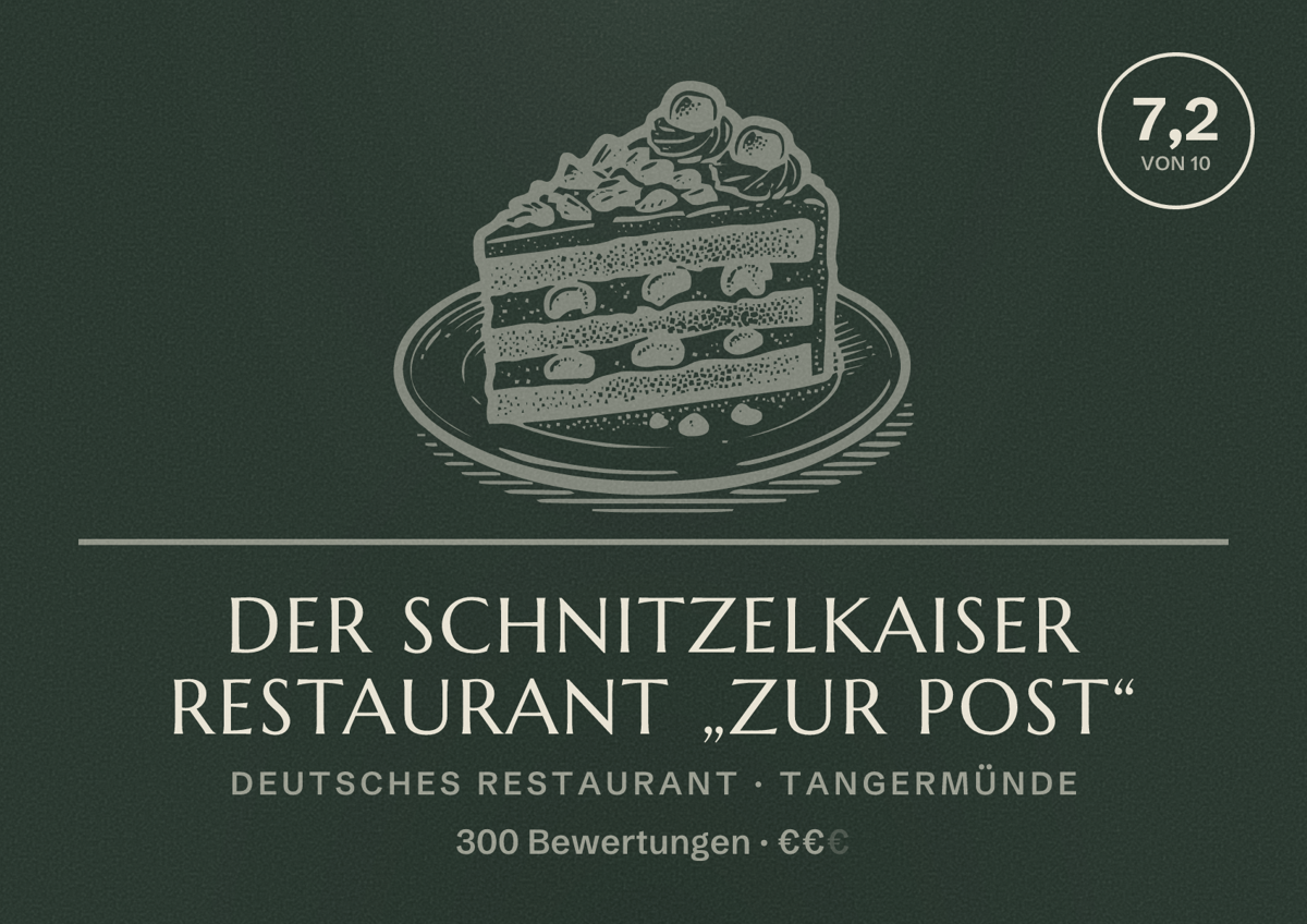 Illustriertes Poster von DER SCHNITZELKAISER Restaurant „Zur Post“, Deutsches Restaurant in Tangermünde: Bewertung 7,2 von 10 aus 300 Bewertungen, Preisniveau €€