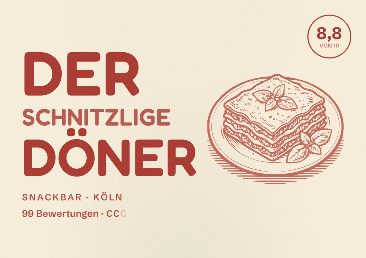 Illustriertes Poster von Der Schnitzlige Döner, Snackbar in Köln: Bewertung 8,8 von 10 aus 99 Bewertungen, Preisniveau €€