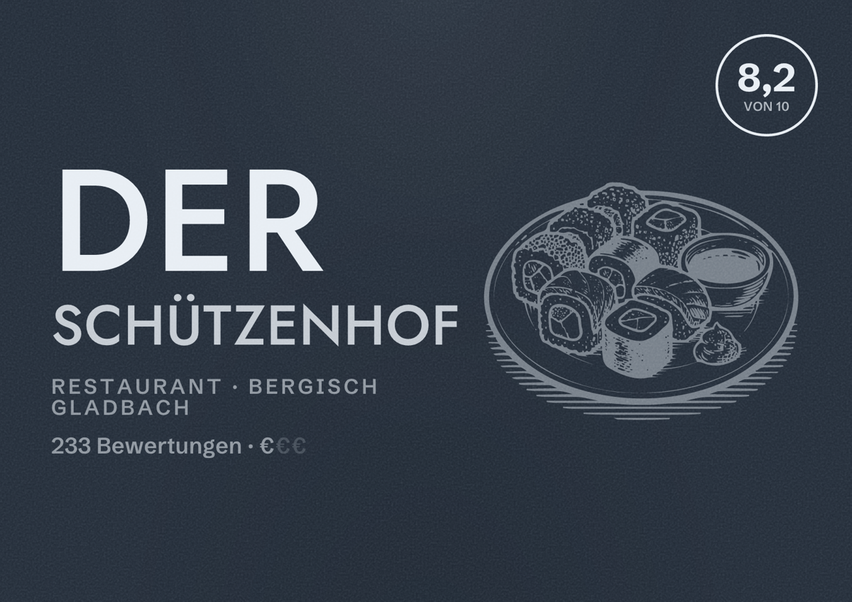 Illustriertes Poster von Der Schützenhof, Restaurant in Bergisch Gladbach: Bewertung 8,2 von 10 aus 233 Bewertungen, Preisniveau €