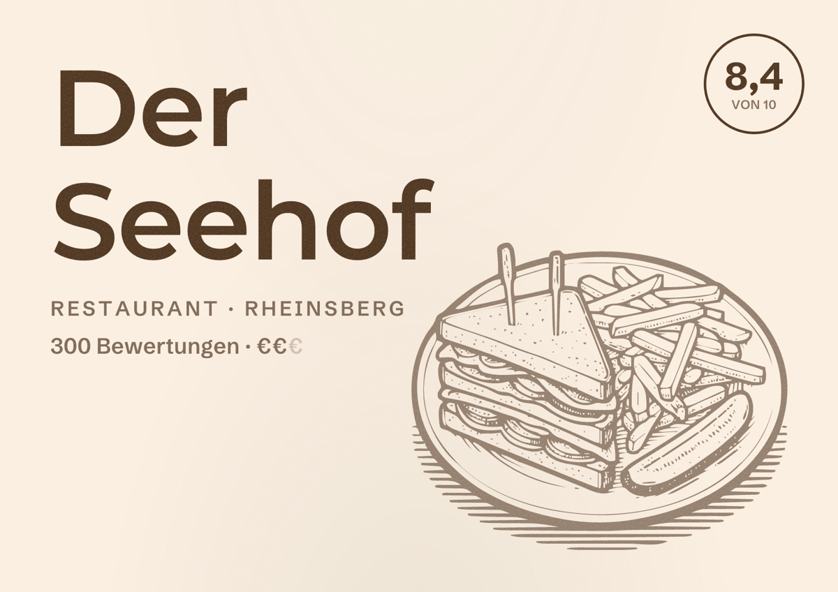 Illustriertes Poster von Der Seehof, Restaurant in Rheinsberg: Bewertung 8,4 von 10 aus 300 Bewertungen, Preisniveau €€