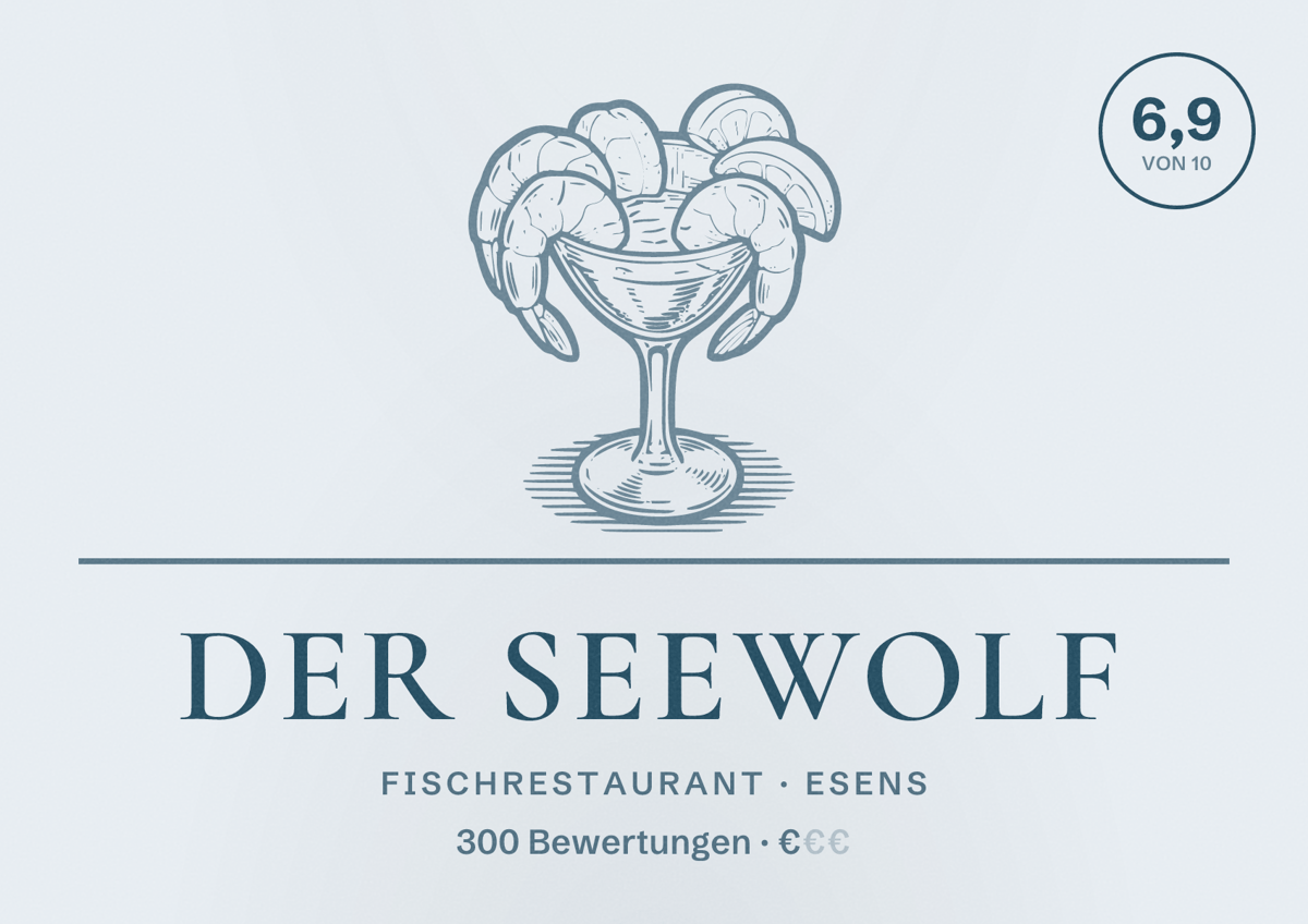 Illustriertes Poster von Der Seewolf, Fischrestaurant in Esens: Bewertung 6,9 von 10 aus 300 Bewertungen, Preisniveau €