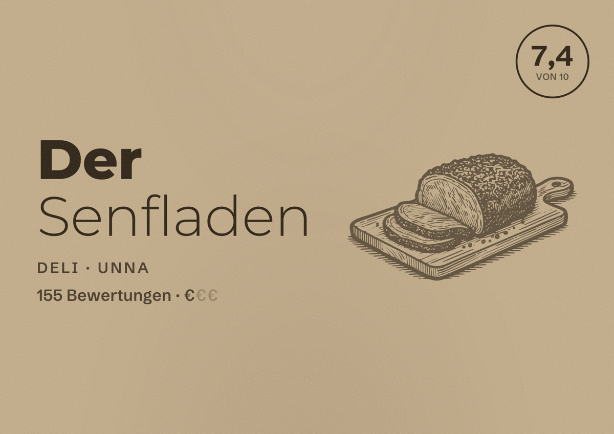 Illustriertes Poster von Der Senfladen, Deli in Unna: Bewertung 7,4 von 10 aus 155 Bewertungen, Preisniveau €
