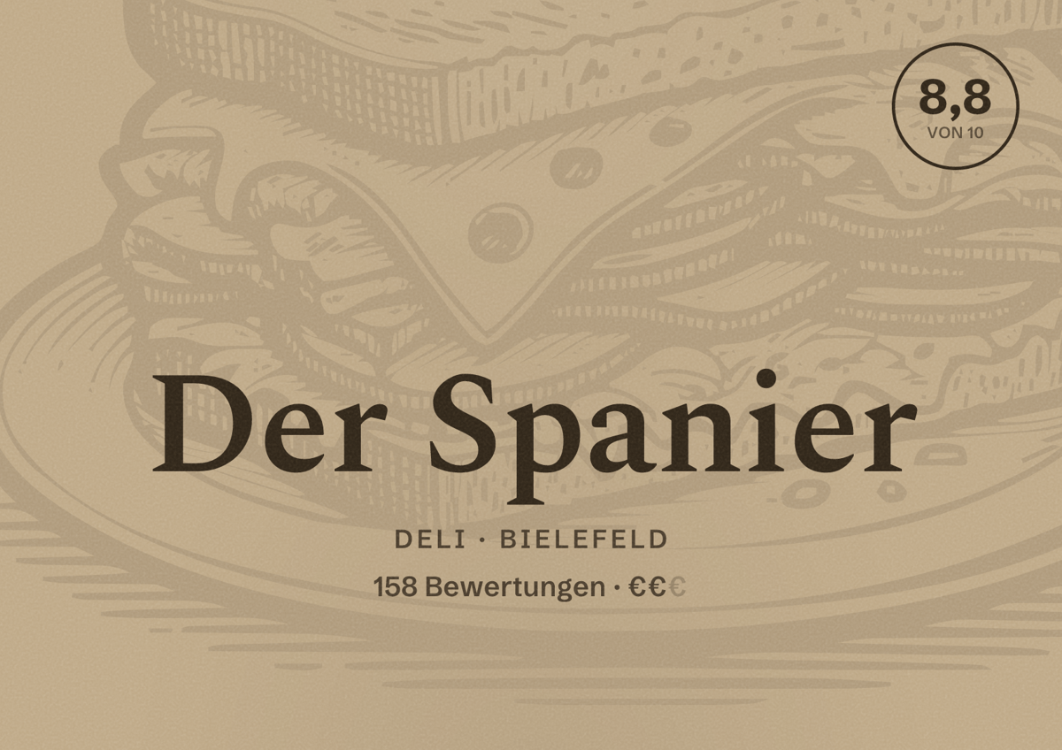 Illustriertes Poster von Der Spanier, Deli in Bielefeld: Bewertung 8,8 von 10 aus 158 Bewertungen, Preisniveau €€