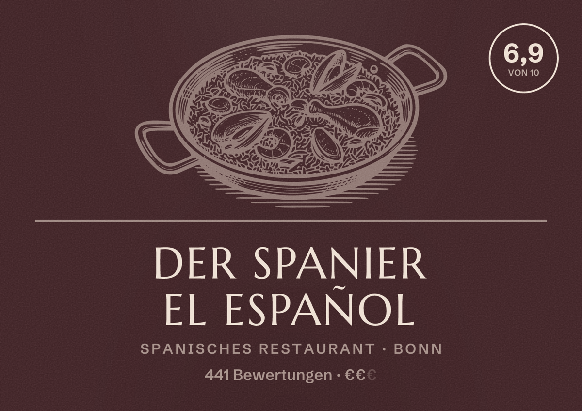 Illustriertes Poster von Der Spanier El Español, Spanisches Restaurant in Bonn: Bewertung 6,9 von 10 aus 441 Bewertungen, Preisniveau €€