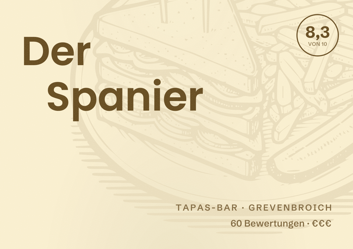 Illustriertes Poster von Der Spanier, Tapas-Bar in Grevenbroich: Bewertung 8,3 von 10 aus 60 Bewertungen, Preisniveau €€€