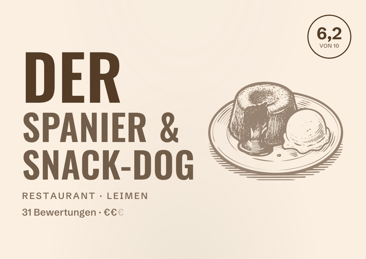 Illustriertes Poster von Der Spanier & Snack-Dog, Restaurant in Leimen: Bewertung 6,2 von 10 aus 31 Bewertungen, Preisniveau €€