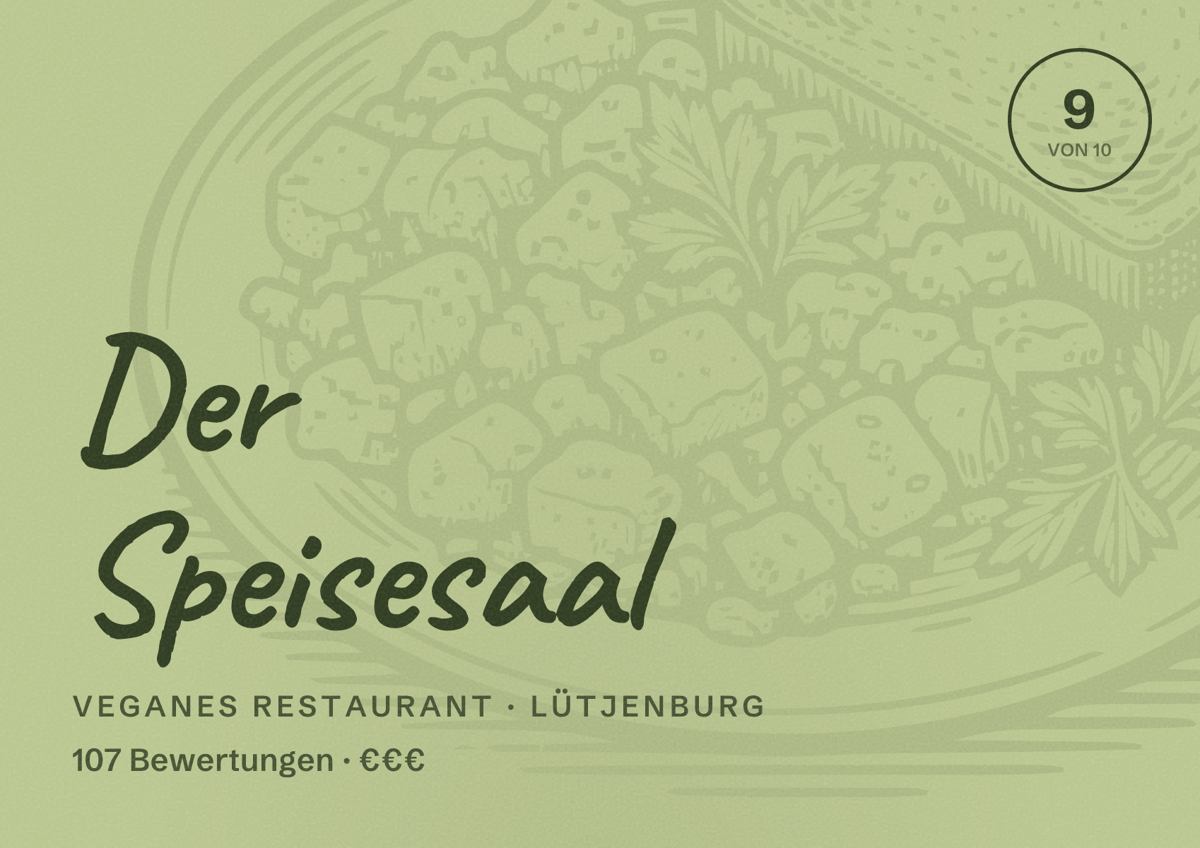Illustriertes Poster von Der Speisesaal, Veganes Restaurant in Lütjenburg: Bewertung 9 von 10 aus 107 Bewertungen, Preisniveau €€€