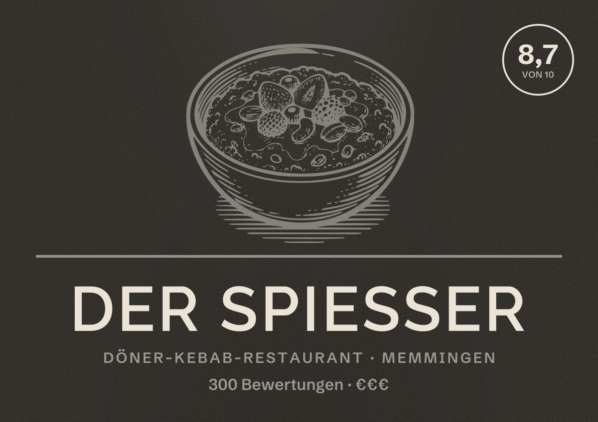 Illustriertes Poster von der Spießer, Döner-Kebab-Restaurant in Memmingen: Bewertung 8,7 von 10 aus 300 Bewertungen, Preisniveau €€€