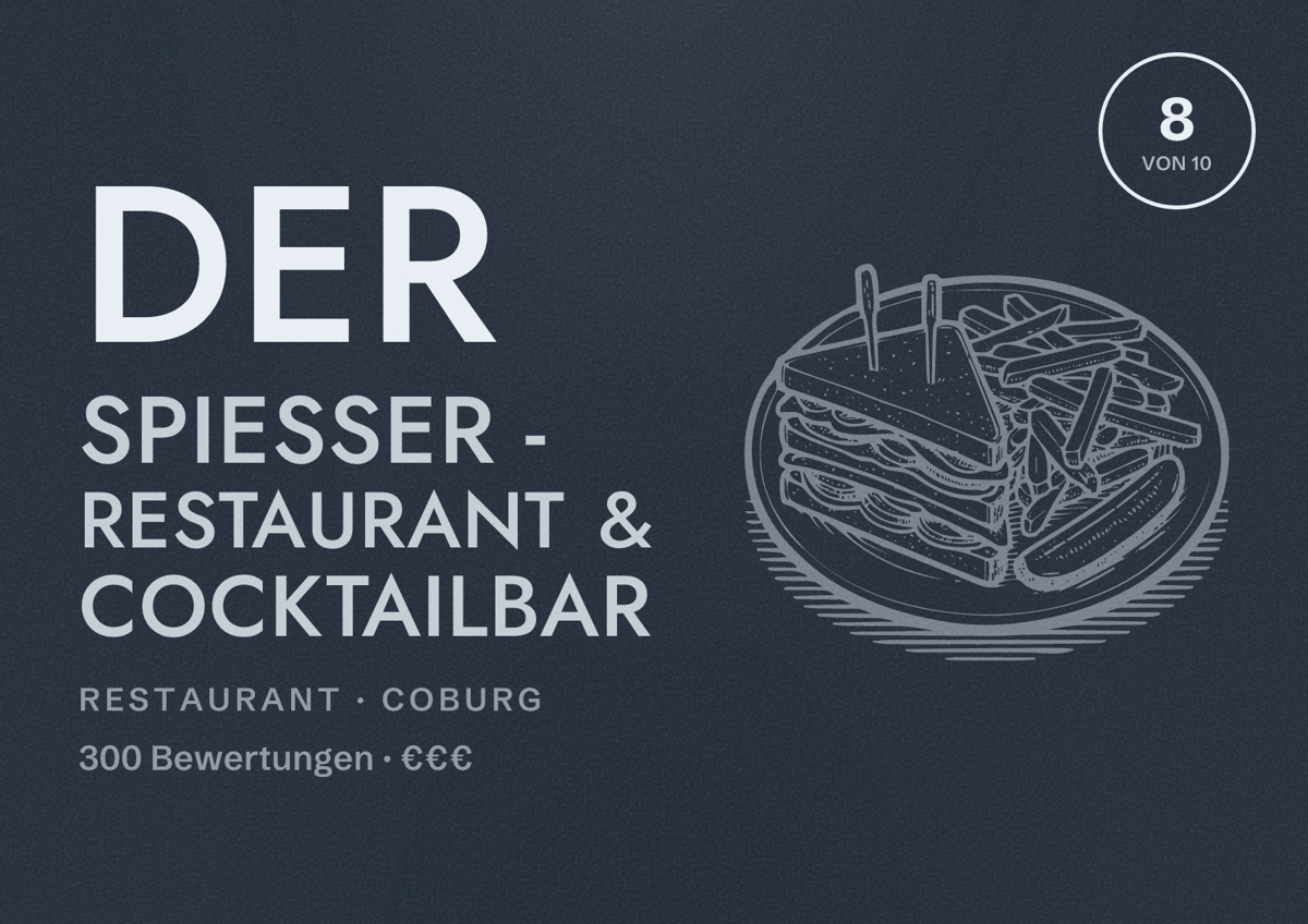 Illustriertes Poster von Der Spiesser - Restaurant & Cocktailbar, Restaurant in Coburg: Bewertung 8 von 10 aus 300 Bewertungen, Preisniveau €€€