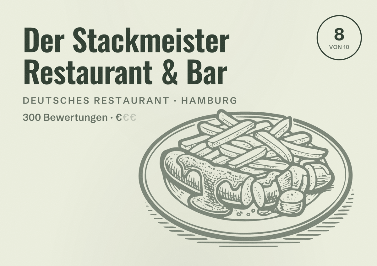 Illustriertes Poster von Der Stackmeister Restaurant & Bar, Deutsches Restaurant in Hamburg: Bewertung 8,0 von 10 aus 300 Bewertungen, Preisniveau €