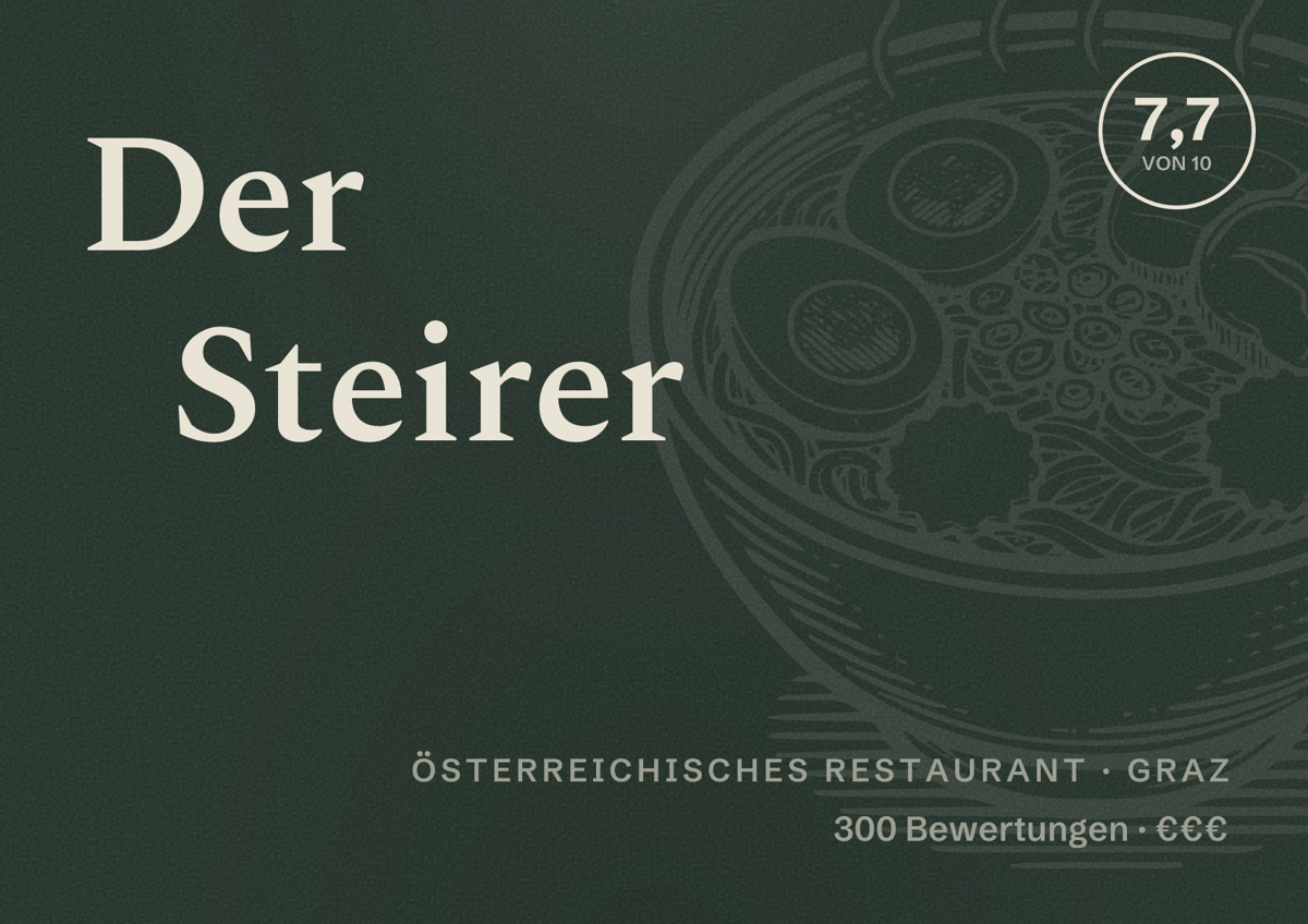 Illustriertes Poster von Der Steirer, Österreichisches Restaurant in Graz: Bewertung 7,7 von 10 aus 300 Bewertungen, Preisniveau €€€