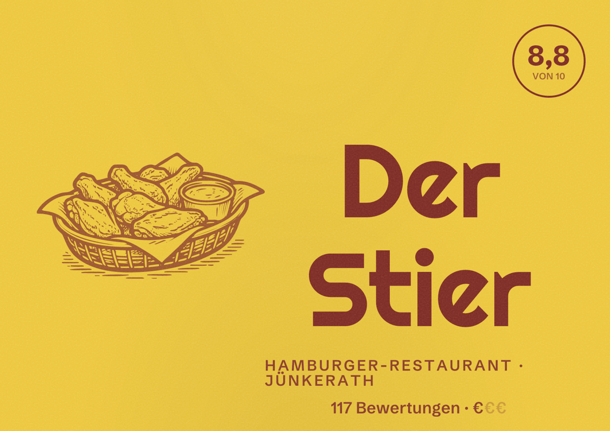 Illustriertes Poster von Der Stier, Hamburger-Restaurant in Jünkerath: Bewertung 8,8 von 10 aus 117 Bewertungen, Preisniveau €
