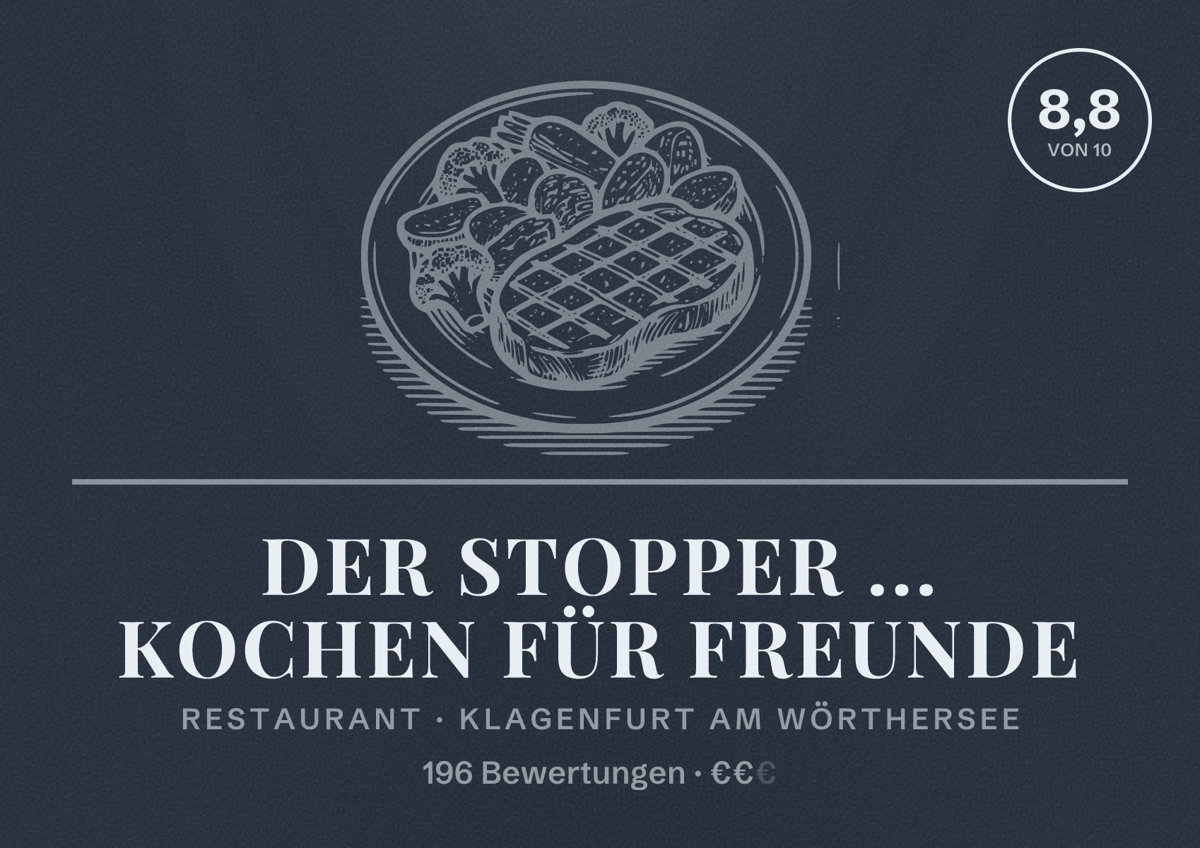 Illustriertes Poster von Der Stopper ... kochen für Freunde, Restaurant in Klagenfurt am Wörthersee: Bewertung 8,8 von 10 aus 196 Bewertungen, Preisniveau €€