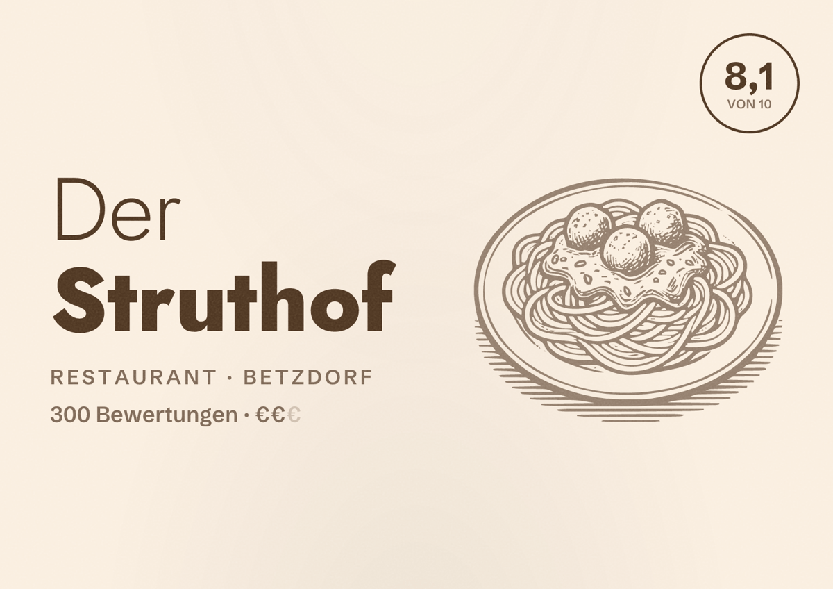Illustriertes Poster von Der Struthof, Restaurant in Betzdorf: Bewertung 8,1 von 10 aus 300 Bewertungen, Preisniveau €€