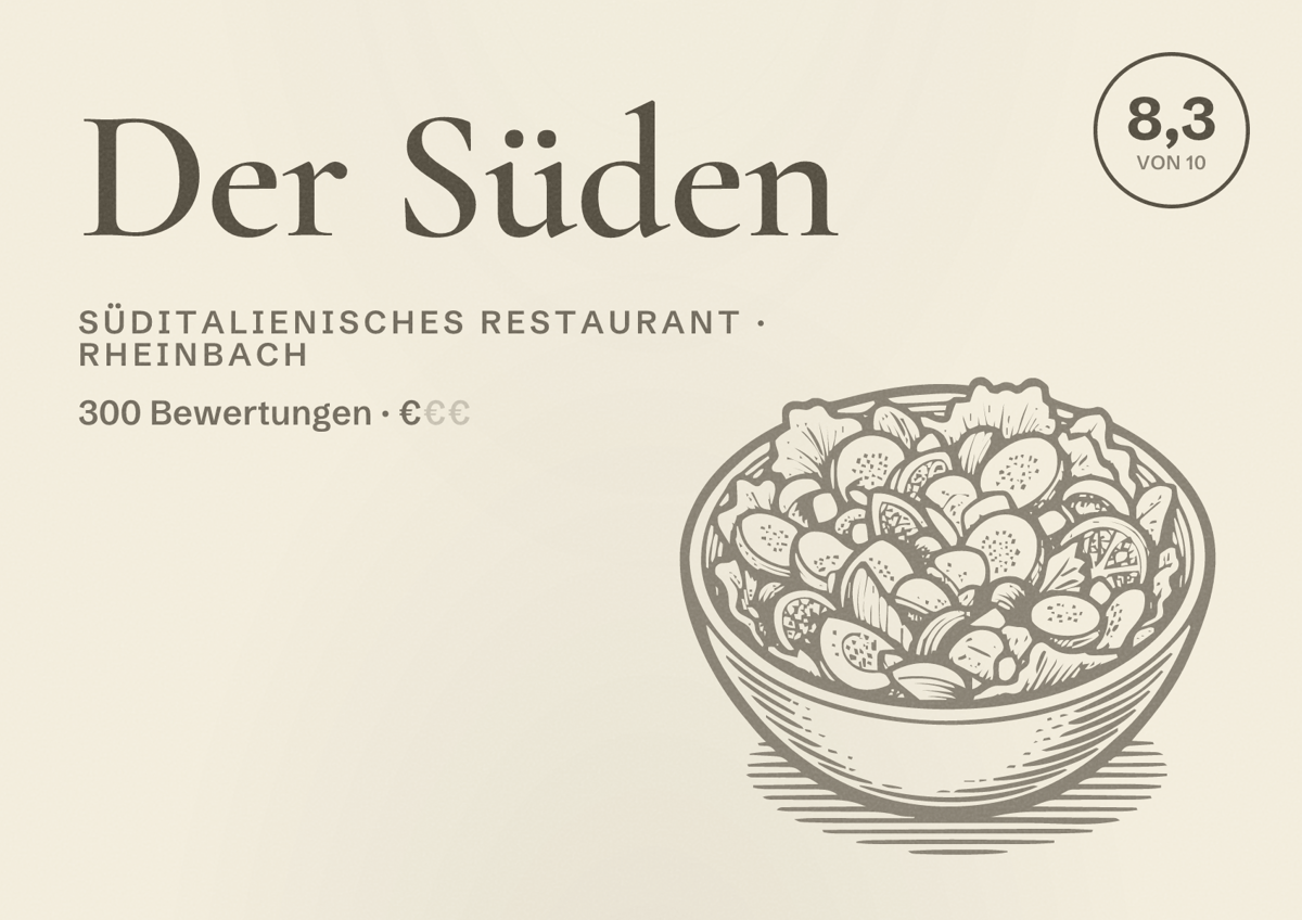 Illustriertes Poster von Der Süden, Süditalienisches Restaurant in Rheinbach: Bewertung 8,3 von 10 aus 300 Bewertungen, Preisniveau €