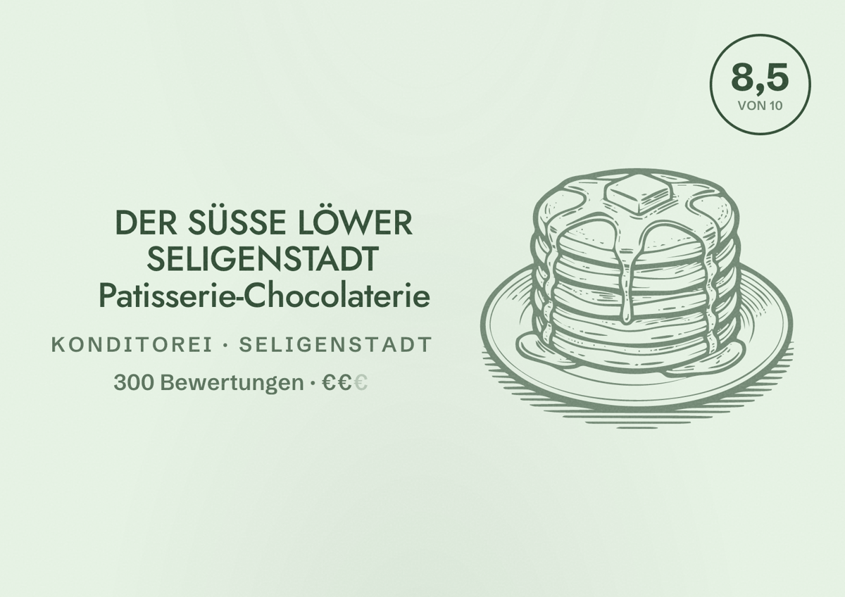 Illustriertes Poster von DER SÜSSE LÖWER SELIGENSTADT Patisserie-Chocolaterie, Konditorei in Seligenstadt: Bewertung 8,5 von 10 aus 300 Bewertungen, Preisniveau €€