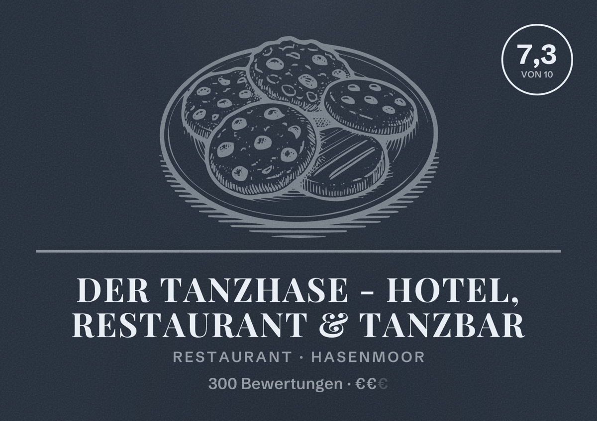 Illustriertes Poster von Der Tanzhase - Hotel, Restaurant & Tanzbar, Restaurant in Hasenmoor: Bewertung 7,3 von 10 aus 300 Bewertungen, Preisniveau €€