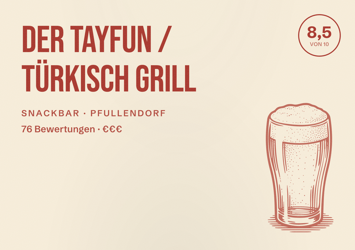 Illustriertes Poster von Der Tayfun / Türkisch grill, Snackbar in Pfullendorf: Bewertung 8,5 von 10 aus 76 Bewertungen, Preisniveau €€€