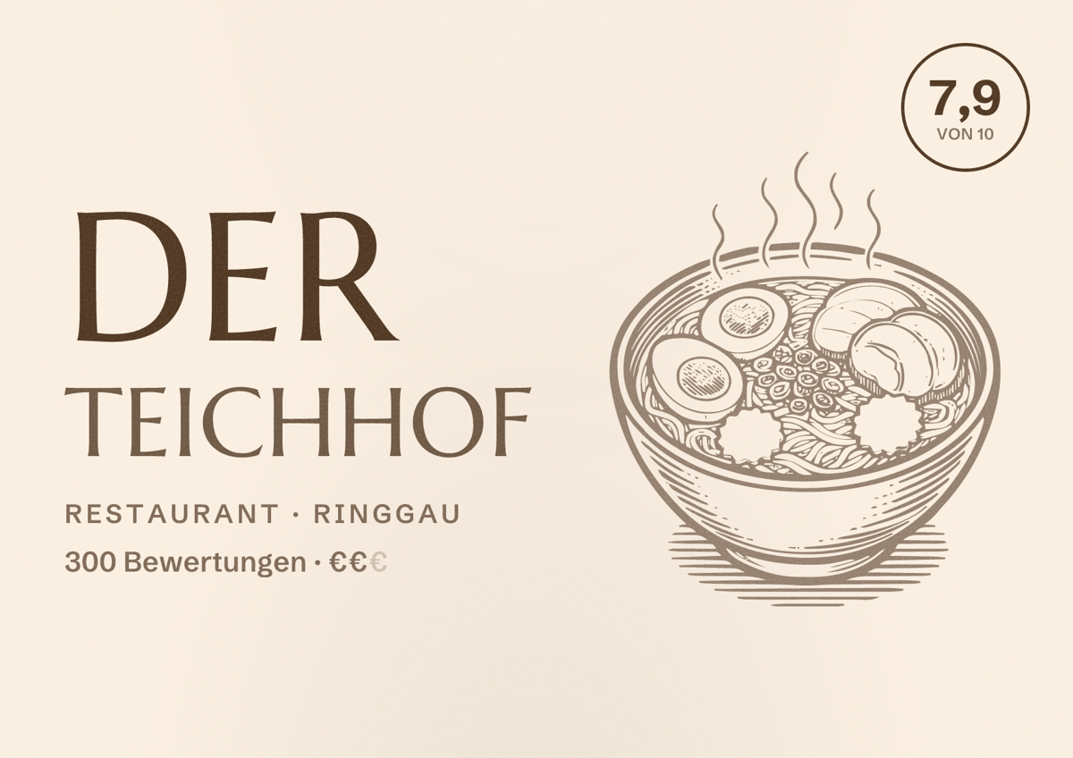 Illustriertes Poster von Der Teichhof, Restaurant in Ringgau: Bewertung 7,9 von 10 aus 300 Bewertungen, Preisniveau €€