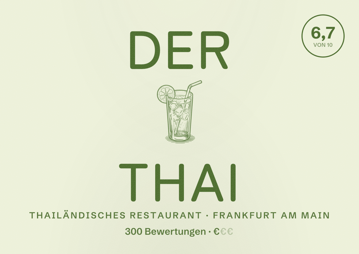 Illustriertes Poster von Der Thai, Thailändisches Restaurant in Frankfurt am Main: Bewertung 6,7 von 10 aus 300 Bewertungen, Preisniveau €