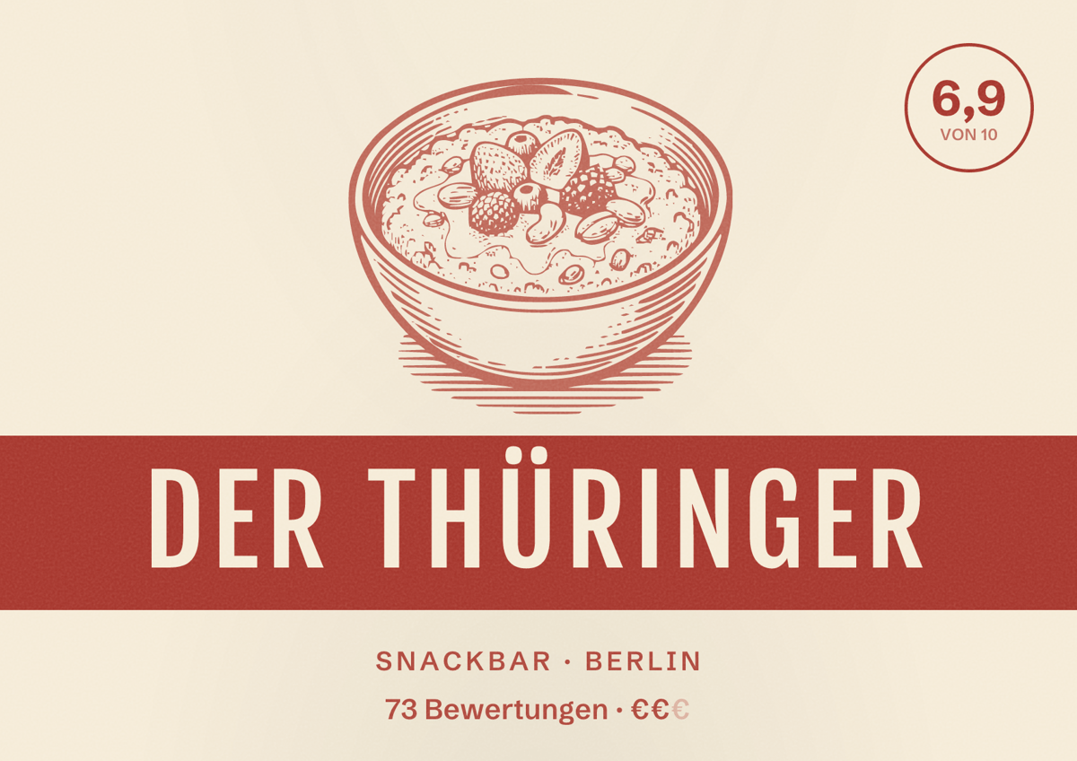 Illustriertes Poster von Der Thüringer, Snackbar in Berlin: Bewertung 6,9 von 10 aus 73 Bewertungen, Preisniveau €€
